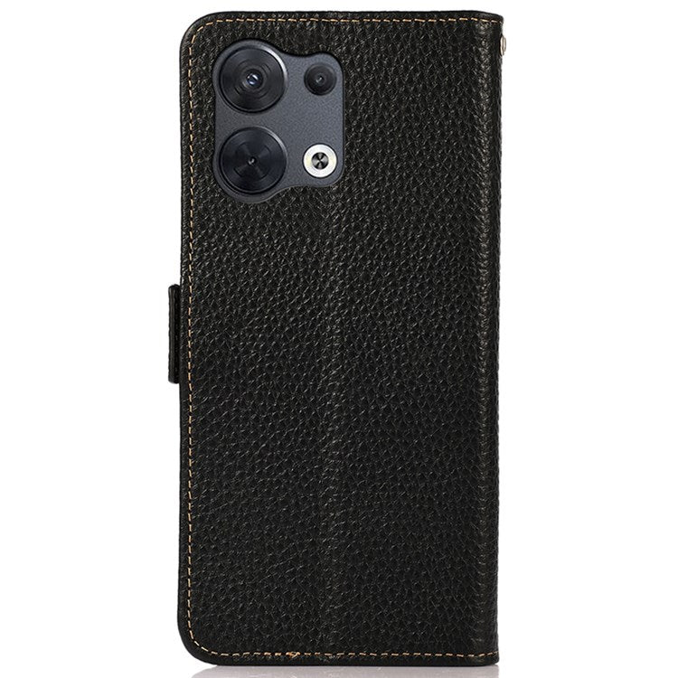 KHAZNEH Genuine Leather Phone Case for Oppo Reno8 Pro+ (China) 5G / Reno8 Pro 5G (Global Version), Litchi Texture Protective Cover with RFID Blocking and Wallet Stand - Black