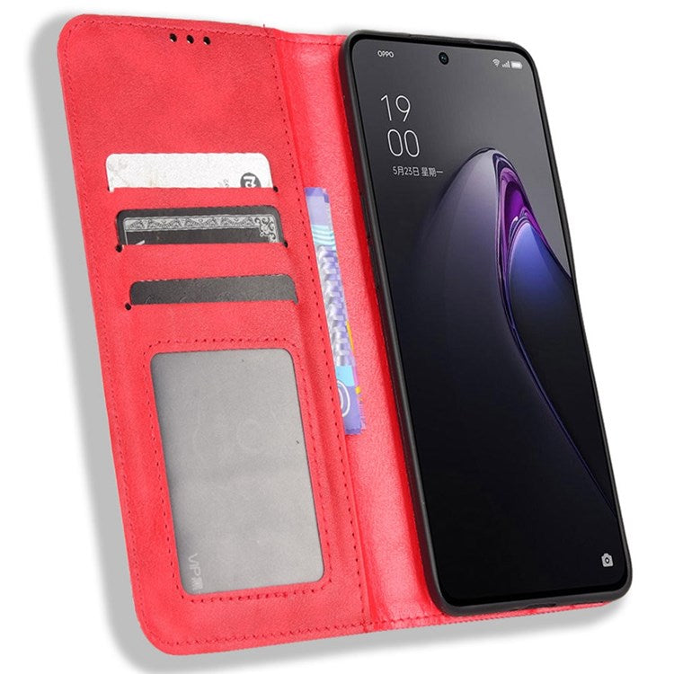 Retro Texture Magnetic Absorption Leather Case for Oppo Reno8 Pro (China) 5G, Viewing Stand Wallet Protective Cover - Red