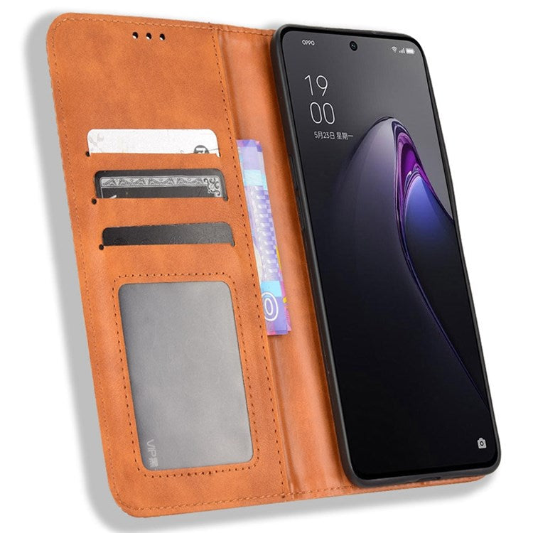 Retro Texture Magnetic Absorption Leather Case for Oppo Reno8 Pro (China) 5G, Viewing Stand Wallet Protective Cover - Brown