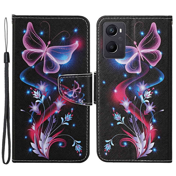 Pattern Printing Cross Texture Phone Case for Oppo A96 4G, PU Leather Wallet Stand Folio Flip Shell with Strap - Fluorescent Butterflies