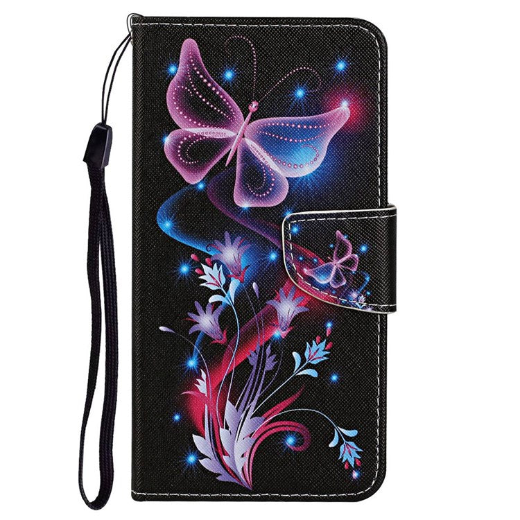 Pattern Printing Cross Texture Phone Case for Oppo A96 4G, PU Leather Wallet Stand Folio Flip Shell with Strap - Fluorescent Butterflies