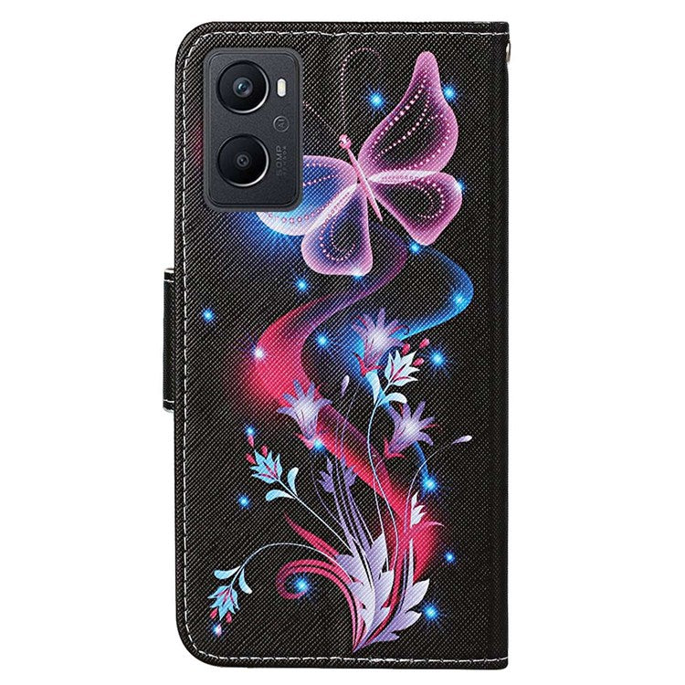 Pattern Printing Cross Texture Phone Case for Oppo A96 4G, PU Leather Wallet Stand Folio Flip Shell with Strap - Fluorescent Butterflies