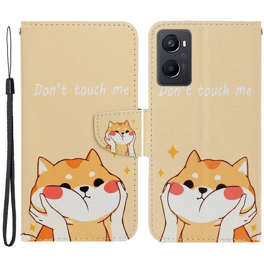 Pattern Printing Cross Texture Phone Case for Oppo A96 4G, PU Leather Wallet Stand Folio Flip Shell with Strap - Akita Dog