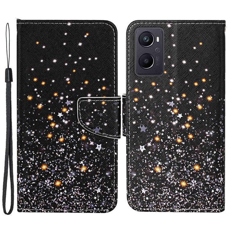 Pattern Printing Cross Texture Phone Case for Oppo A96 4G, PU Leather Wallet Stand Folio Flip Shell with Strap - Shattered Stars