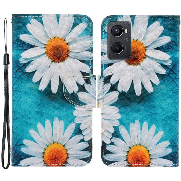Pattern Printing Cross Texture Phone Case for Oppo A96 4G, PU Leather Wallet Stand Folio Flip Shell with Strap - Chrysanthemum