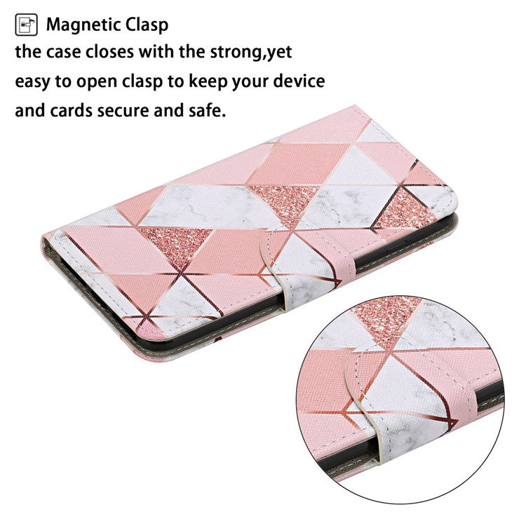 Pattern Printing Cross Texture Phone Case for Oppo A96 4G, PU Leather Wallet Stand Folio Flip Shell with Strap - Marble Pattern
