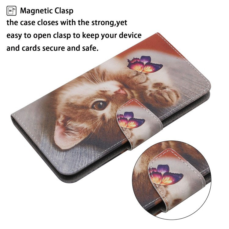 Pattern Printing Cross Texture Phone Case for Oppo A96 4G, PU Leather Wallet Stand Folio Flip Shell with Strap - Butterfly / Cat