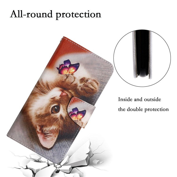 Pattern Printing Cross Texture Phone Case for Oppo A96 4G, PU Leather Wallet Stand Folio Flip Shell with Strap - Butterfly / Cat