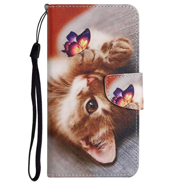 Pattern Printing Cross Texture Phone Case for Oppo A96 4G, PU Leather Wallet Stand Folio Flip Shell with Strap - Butterfly / Cat