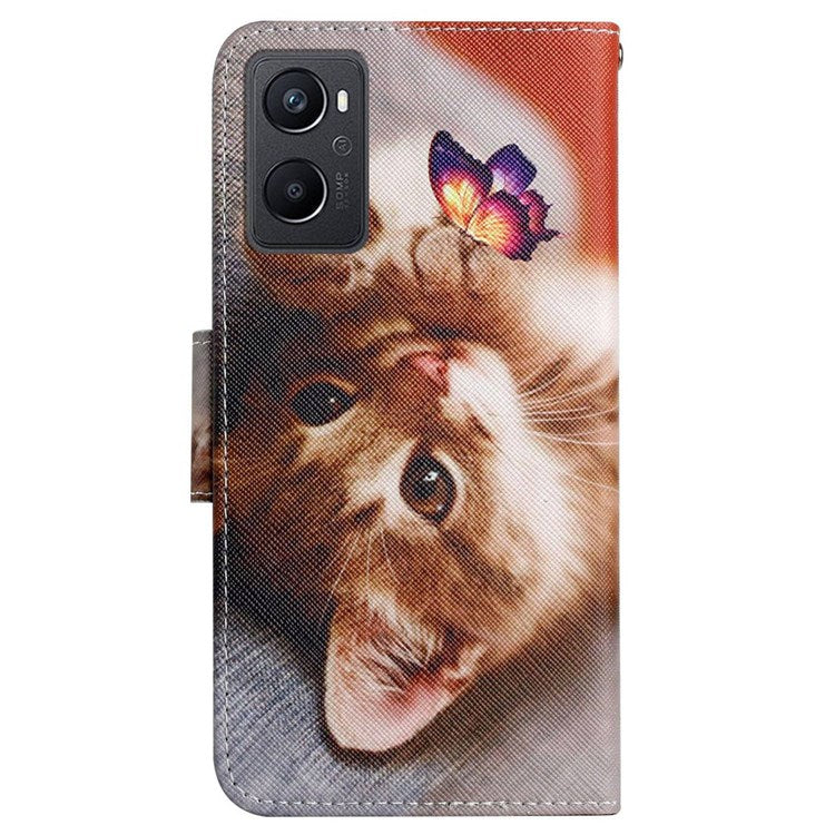 Pattern Printing Cross Texture Phone Case for Oppo A96 4G, PU Leather Wallet Stand Folio Flip Shell with Strap - Butterfly / Cat