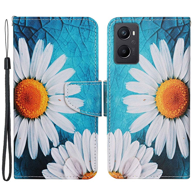 Pattern Printing Cross Texture Phone Case for Oppo A96 4G, PU Leather Wallet Stand Folio Flip Shell with Strap - Large Chrysanthemum