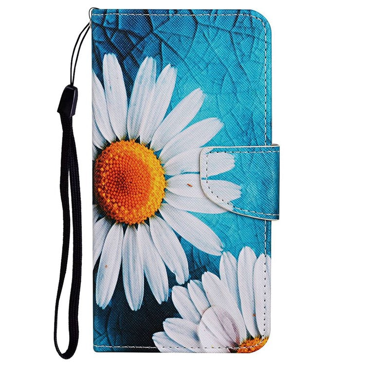 Pattern Printing Cross Texture Phone Case for Oppo A96 4G, PU Leather Wallet Stand Folio Flip Shell with Strap - Large Chrysanthemum