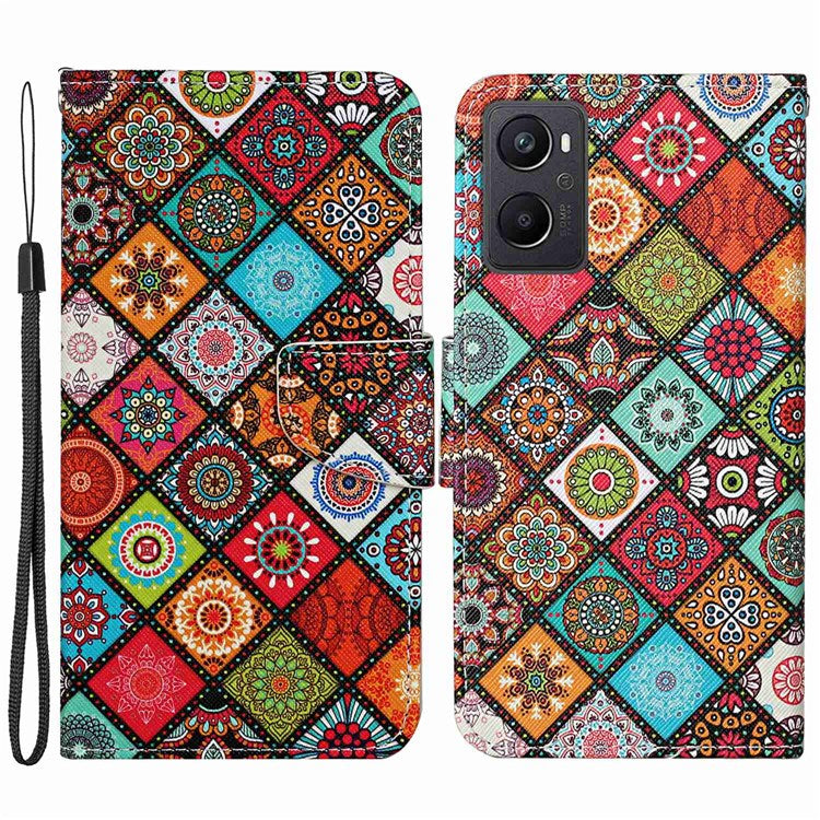 Pattern Printing Cross Texture Phone Case for Oppo A96 4G, PU Leather Wallet Stand Folio Flip Shell with Strap - Ethnic Style