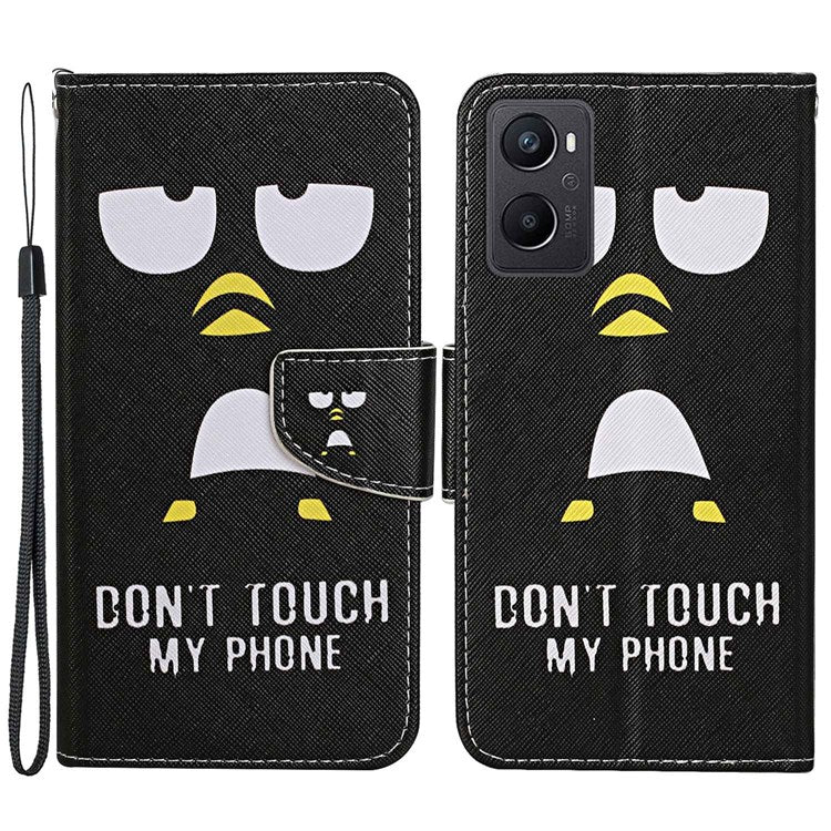 Pattern Printing Cross Texture Phone Case for Oppo A96 4G, PU Leather Wallet Stand Folio Flip Shell with Strap - Penguin