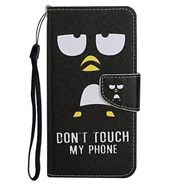 Pattern Printing Cross Texture Phone Case for Oppo A96 4G, PU Leather Wallet Stand Folio Flip Shell with Strap - Penguin