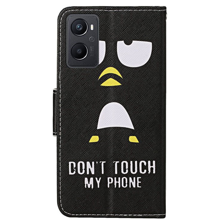 Pattern Printing Cross Texture Phone Case for Oppo A96 4G, PU Leather Wallet Stand Folio Flip Shell with Strap - Penguin