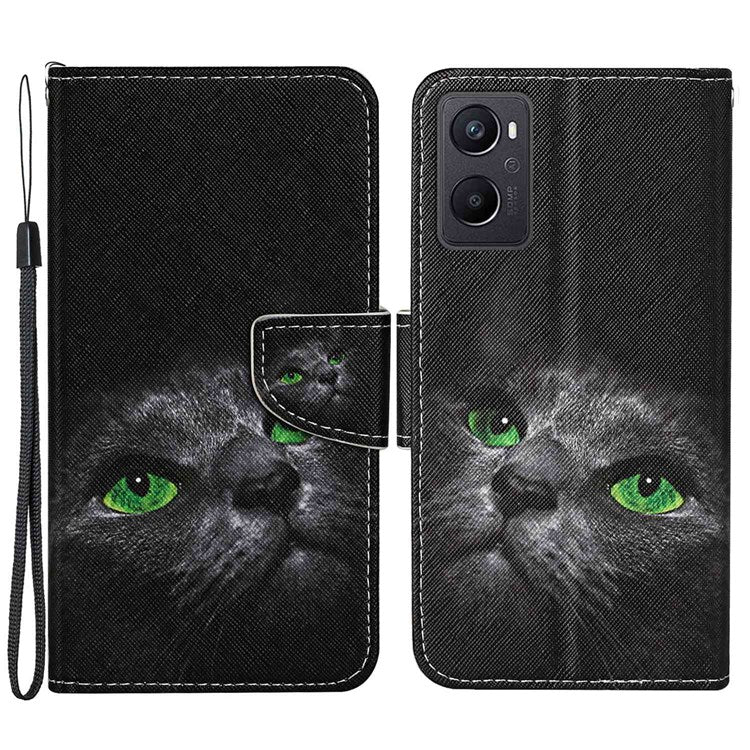 Pattern Printing Cross Texture Phone Case for Oppo A96 4G, PU Leather Wallet Stand Folio Flip Shell with Strap - Cat