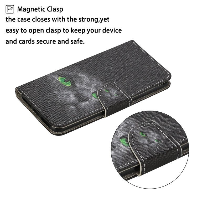 Pattern Printing Cross Texture Phone Case for Oppo A96 4G, PU Leather Wallet Stand Folio Flip Shell with Strap - Cat
