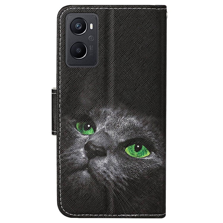 Pattern Printing Cross Texture Phone Case for Oppo A96 4G, PU Leather Wallet Stand Folio Flip Shell with Strap - Cat