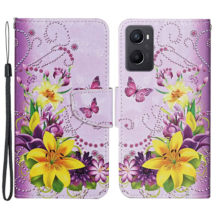 Pattern Printing Cross Texture Phone Case for Oppo A96 4G, PU Leather Wallet Stand Folio Flip Shell with Strap - Yellow Flowers / Butterflies