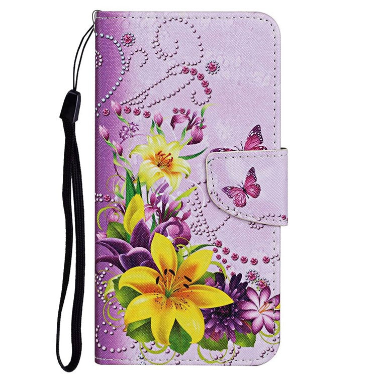 Pattern Printing Cross Texture Phone Case for Oppo A96 4G, PU Leather Wallet Stand Folio Flip Shell with Strap - Yellow Flowers / Butterflies