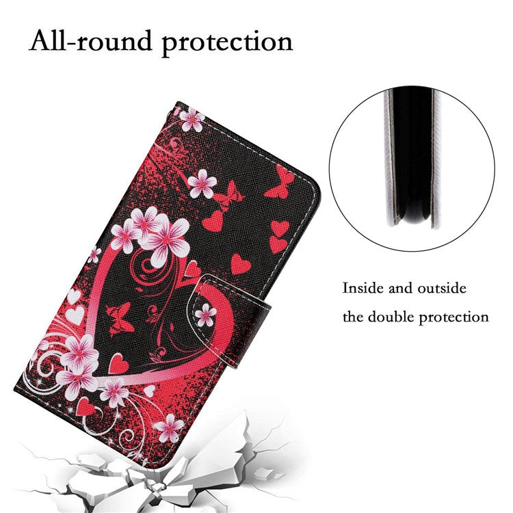 Pattern Printing Cross Texture Phone Case for Oppo A96 4G, PU Leather Wallet Stand Folio Flip Shell with Strap - Red Heart