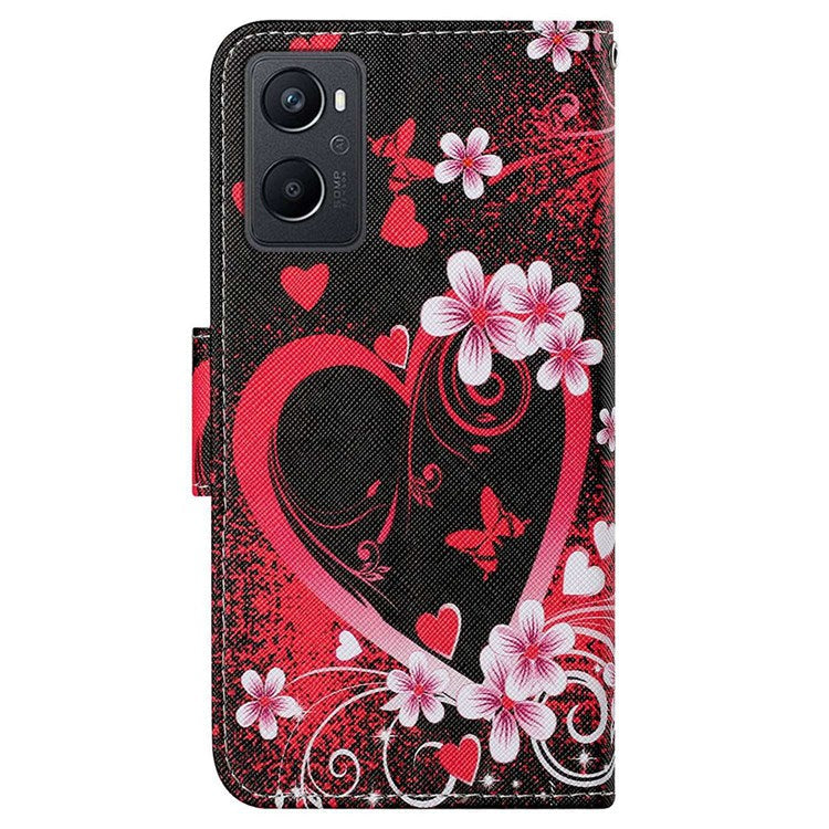 Pattern Printing Cross Texture Phone Case for Oppo A96 4G, PU Leather Wallet Stand Folio Flip Shell with Strap - Red Heart