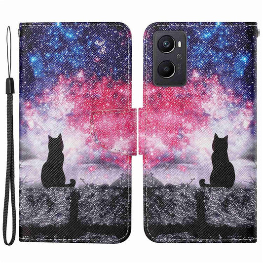 Pattern Printing Cross Texture Phone Case for Oppo A96 4G, PU Leather Wallet Stand Folio Flip Shell with Strap - Starry Sky / Cat