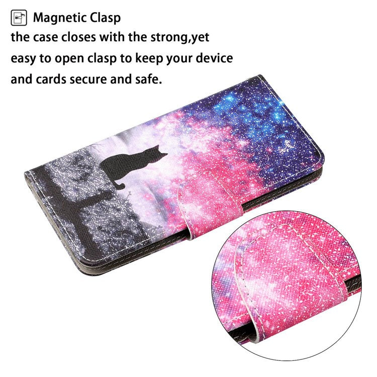 Pattern Printing Cross Texture Phone Case for Oppo A96 4G, PU Leather Wallet Stand Folio Flip Shell with Strap - Starry Sky / Cat