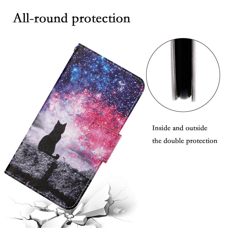 Pattern Printing Cross Texture Phone Case for Oppo A96 4G, PU Leather Wallet Stand Folio Flip Shell with Strap - Starry Sky / Cat