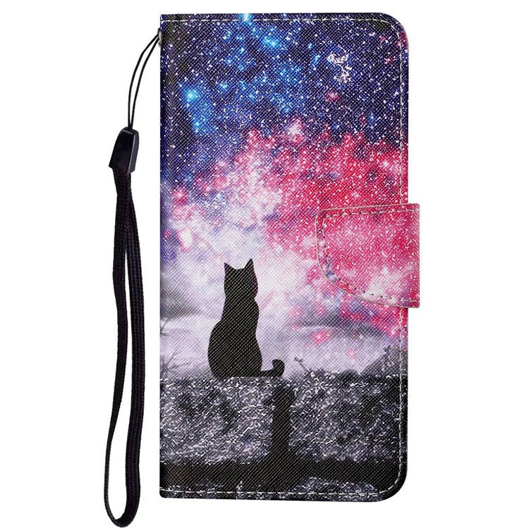 Pattern Printing Cross Texture Phone Case for Oppo A96 4G, PU Leather Wallet Stand Folio Flip Shell with Strap - Starry Sky / Cat