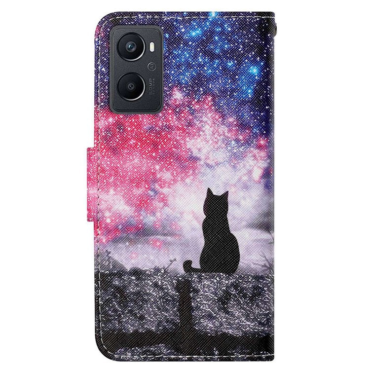 Pattern Printing Cross Texture Phone Case for Oppo A96 4G, PU Leather Wallet Stand Folio Flip Shell with Strap - Starry Sky / Cat