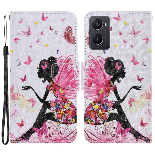 Pattern Printing Cross Texture Phone Case for Oppo A96 4G, PU Leather Wallet Stand Folio Flip Shell with Strap - Fairy