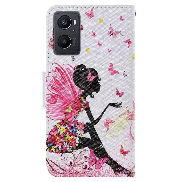 Pattern Printing Cross Texture Phone Case for Oppo A96 4G, PU Leather Wallet Stand Folio Flip Shell with Strap - Fairy