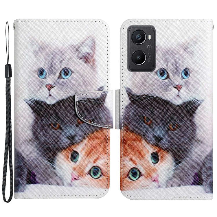 Pattern Printing Cross Texture Phone Case for Oppo A96 4G, PU Leather Wallet Stand Folio Flip Shell with Strap - Three Cats