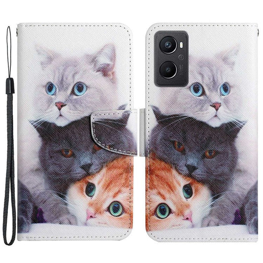 Pattern Printing Cross Texture Phone Case for Oppo A96 4G, PU Leather Wallet Stand Folio Flip Shell with Strap - Three Cats