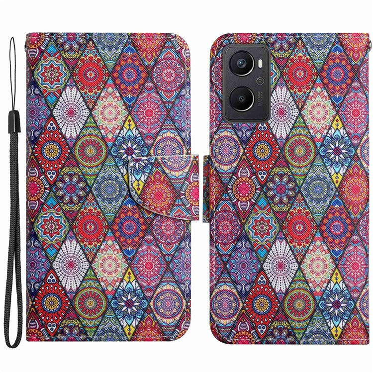 Pattern Printing Cross Texture Phone Case for Oppo A96 4G, PU Leather Wallet Stand Folio Flip Shell with Strap - Kaleidoscope