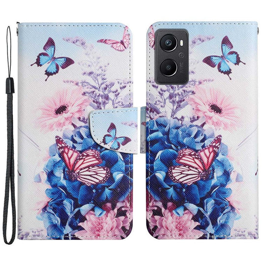 Pattern Printing Cross Texture Phone Case for Oppo A96 4G, PU Leather Wallet Stand Folio Flip Shell with Strap - Purple Butterflies