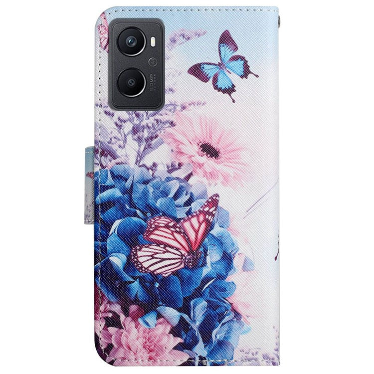 Pattern Printing Cross Texture Phone Case for Oppo A96 4G, PU Leather Wallet Stand Folio Flip Shell with Strap - Purple Butterflies