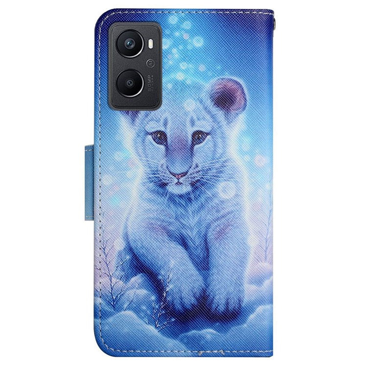 Pattern Printing Cross Texture Phone Case for Oppo A96 4G, PU Leather Wallet Stand Folio Flip Shell with Strap - Leopard