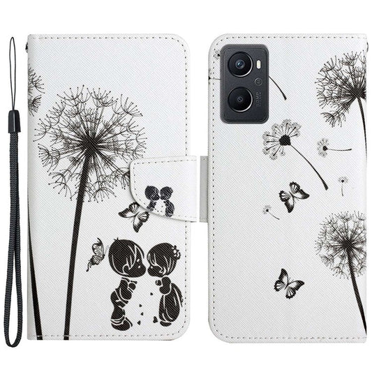 Pattern Printing Cross Texture Phone Case for Oppo A96 4G, PU Leather Wallet Stand Folio Flip Shell with Strap - Dandelion