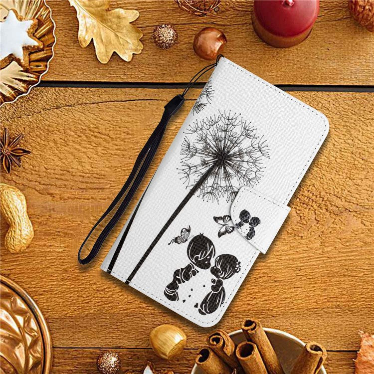 Pattern Printing Cross Texture Phone Case for Oppo A96 4G, PU Leather Wallet Stand Folio Flip Shell with Strap - Dandelion