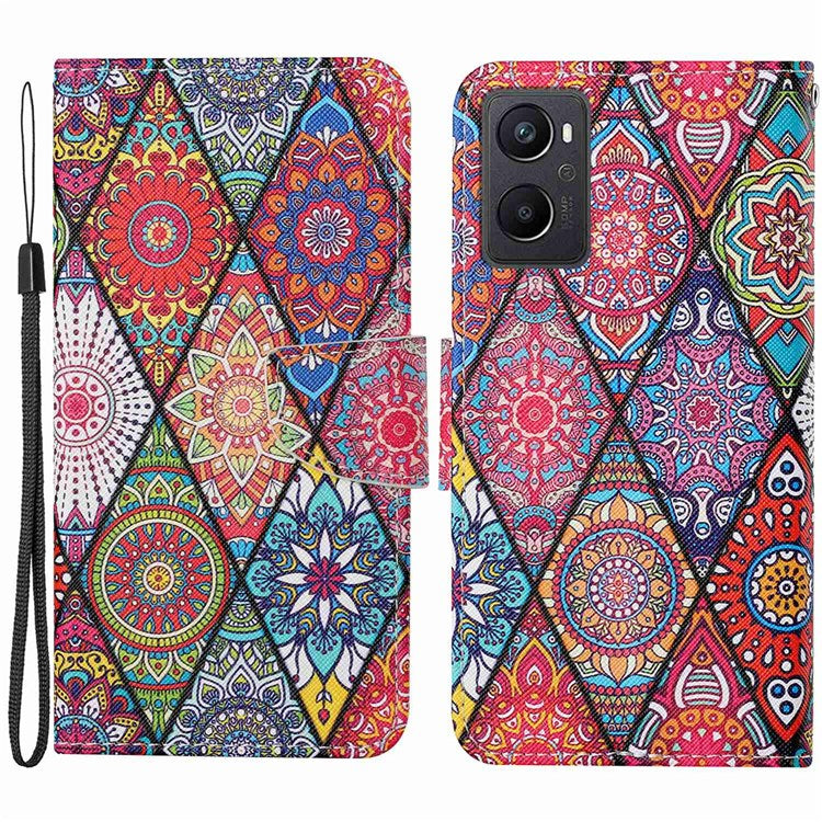 Pattern Printing Cross Texture Phone Case for Oppo A96 4G, PU Leather Wallet Stand Folio Flip Shell with Strap - Rhombus / Totem