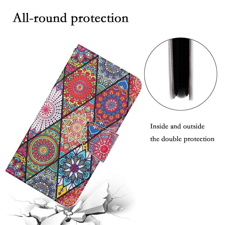 Pattern Printing Cross Texture Phone Case for Oppo A96 4G, PU Leather Wallet Stand Folio Flip Shell with Strap - Rhombus / Totem