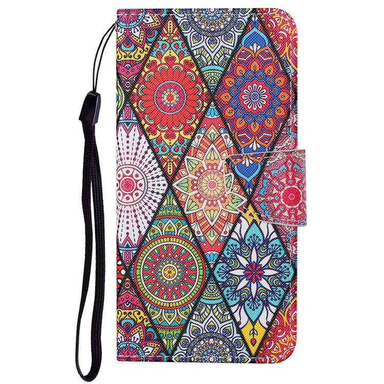 Pattern Printing Cross Texture Phone Case for Oppo A96 4G, PU Leather Wallet Stand Folio Flip Shell with Strap - Rhombus / Totem