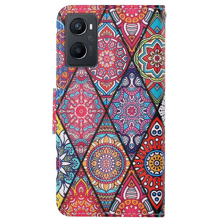 Pattern Printing Cross Texture Phone Case for Oppo A96 4G, PU Leather Wallet Stand Folio Flip Shell with Strap - Rhombus / Totem