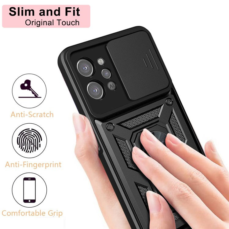 For Realme C31 Slide Camera Protection PC + TPU Ring Kickstand Case Anti-drop Phone Cover - Black