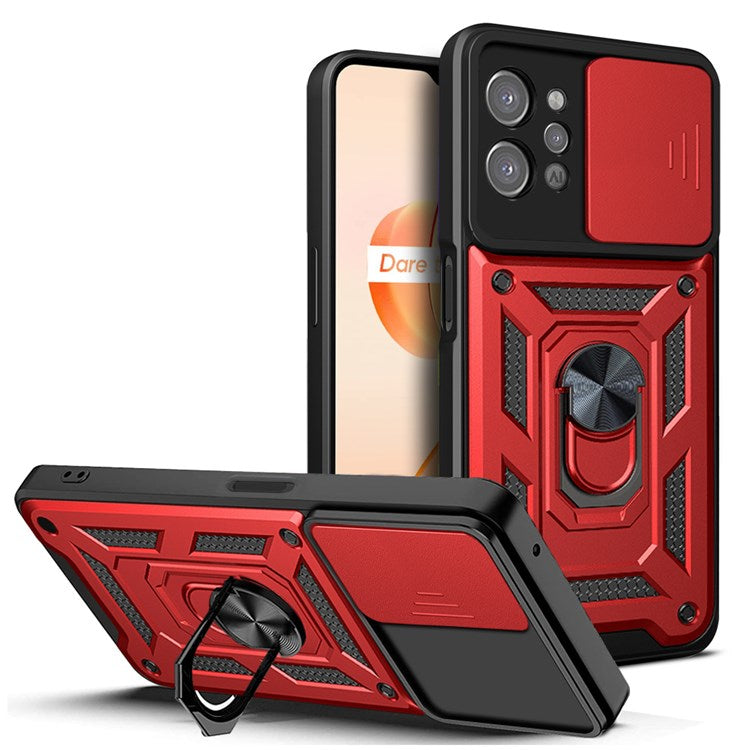 For Realme C31 Slide Camera Protection PC + TPU Ring Kickstand Case Anti-drop Phone Cover - Red