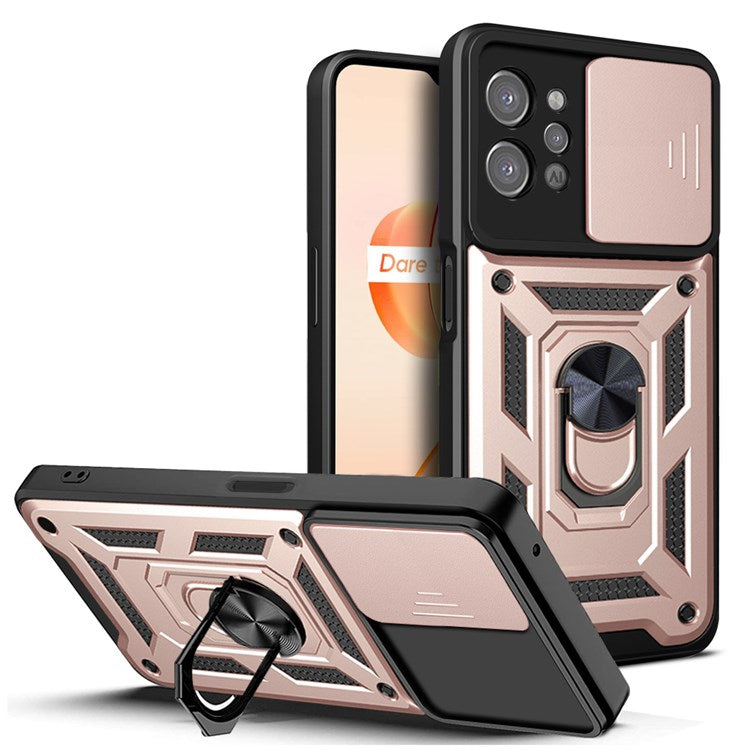 For Realme C31 Slide Camera Protection PC + TPU Ring Kickstand Case Anti-drop Phone Cover - Rose Gold