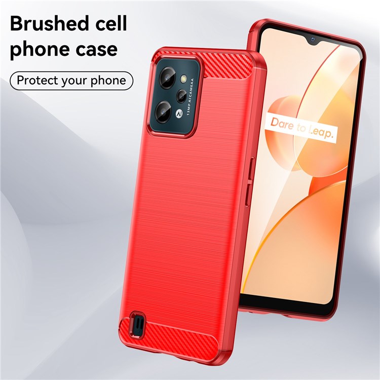For Realme C31 Light Thin TPU Phone Case Carbon Fiber Texture Brushed Surface Anti-fall Cover - Red